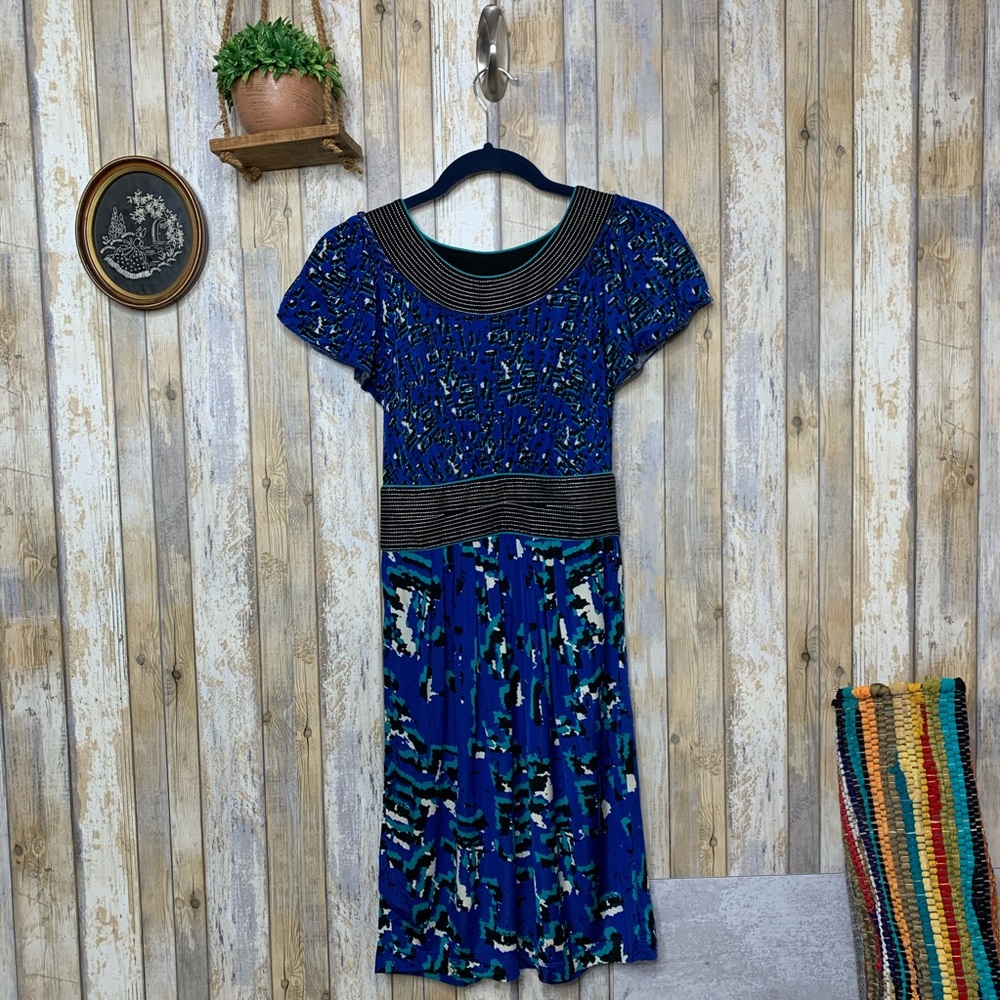 BCBGMA Blue Abstract Printed Jersey Stretch Dress